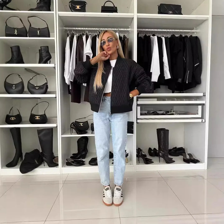 Womens Quilted Bomber Jacket with Zip Front