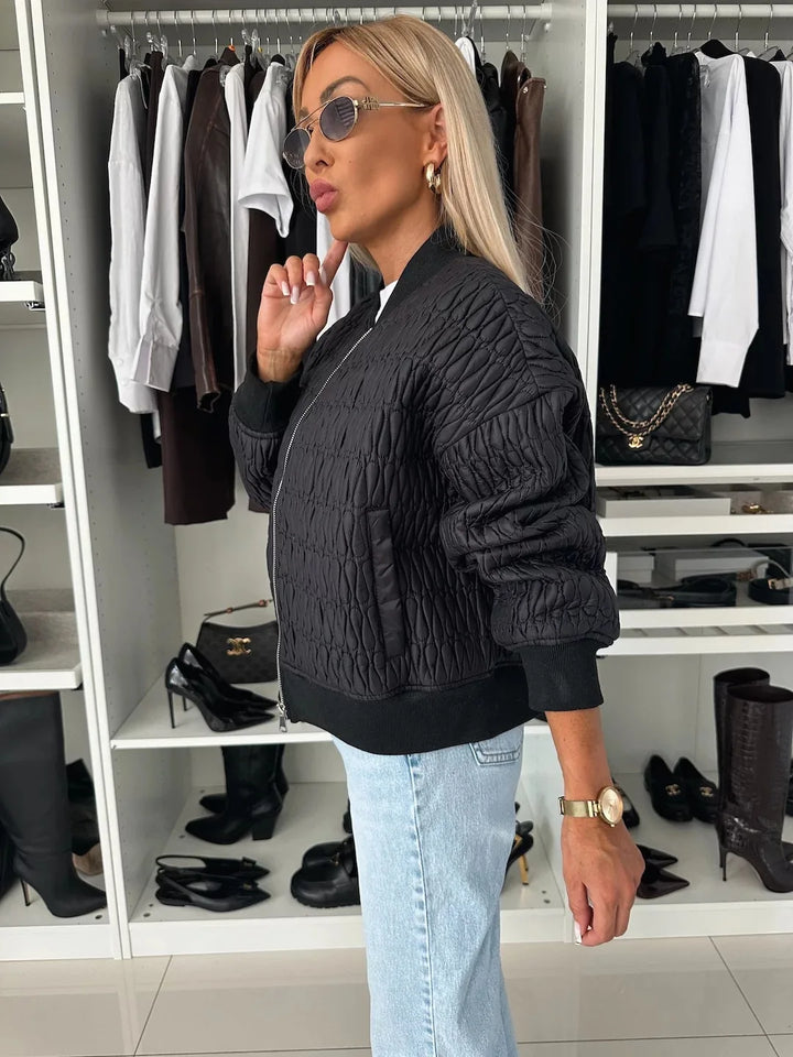Womens Quilted Bomber Jacket with Zip Front