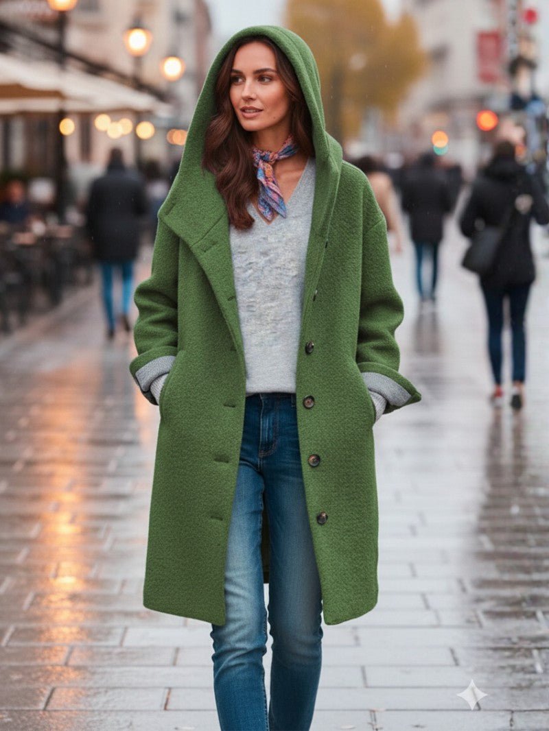 Womens Wool Blend Coat Relaxed Fit with Hood - BritishMode