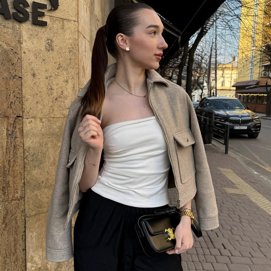 Womens Cropped Bomber Jacket with Zip Closure