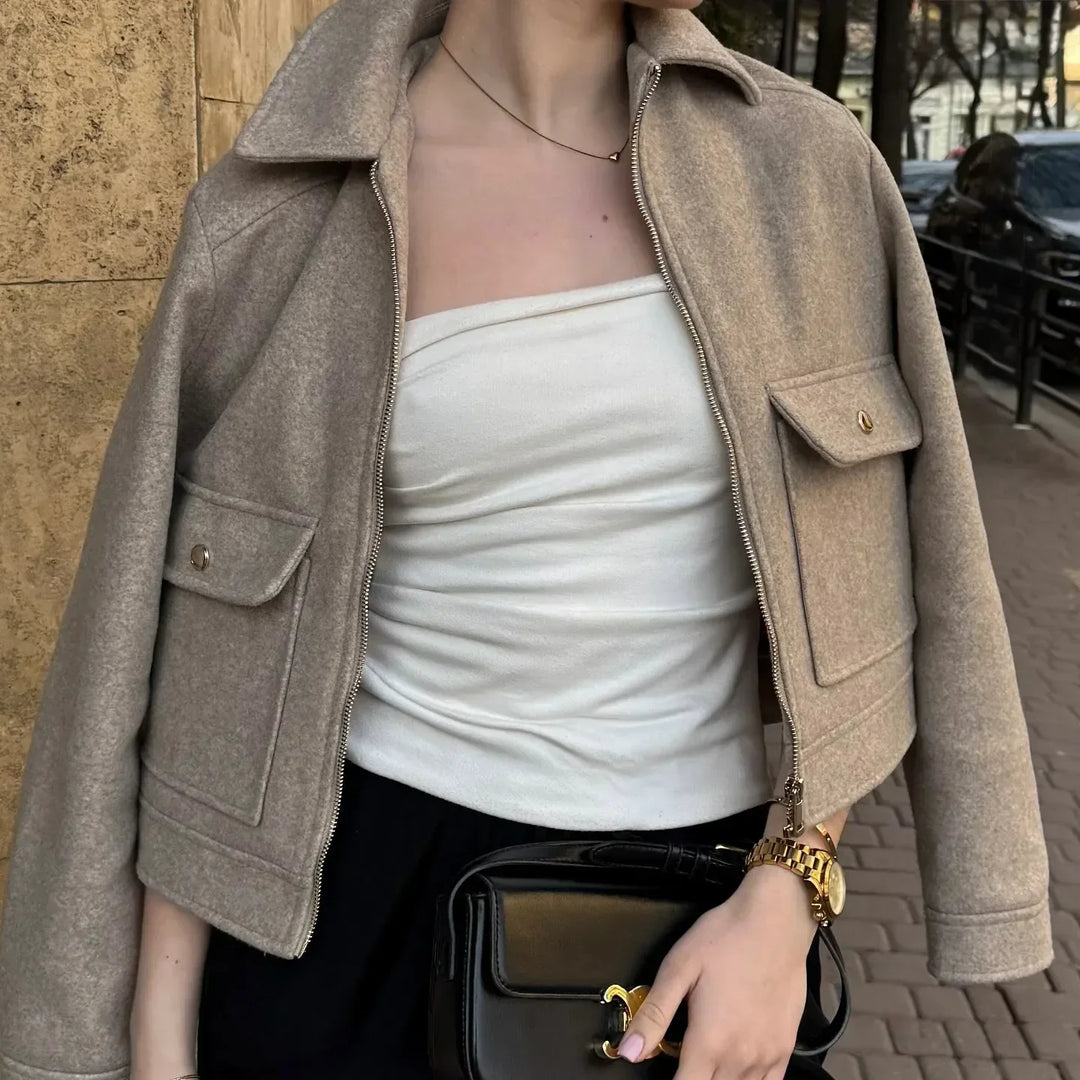 Womens Cropped Bomber Jacket with Zip Closure