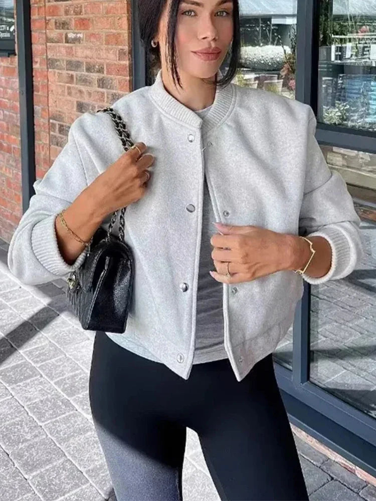 Womens Cropped Bomber Jacket Button Front - BritishMode