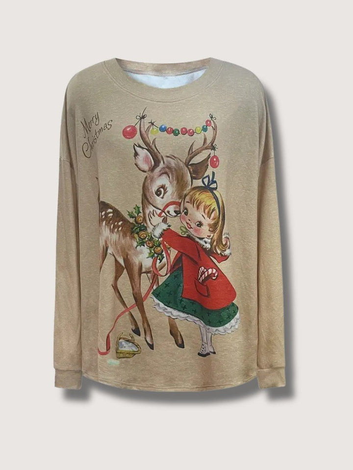 Womens Sweatshirt Vintage Reindeer Print Relaxed Fit