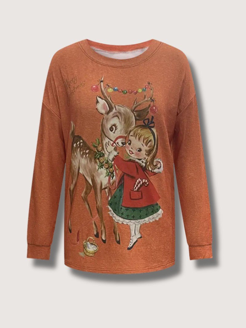 Womens Sweatshirt Vintage Reindeer Print Relaxed Fit