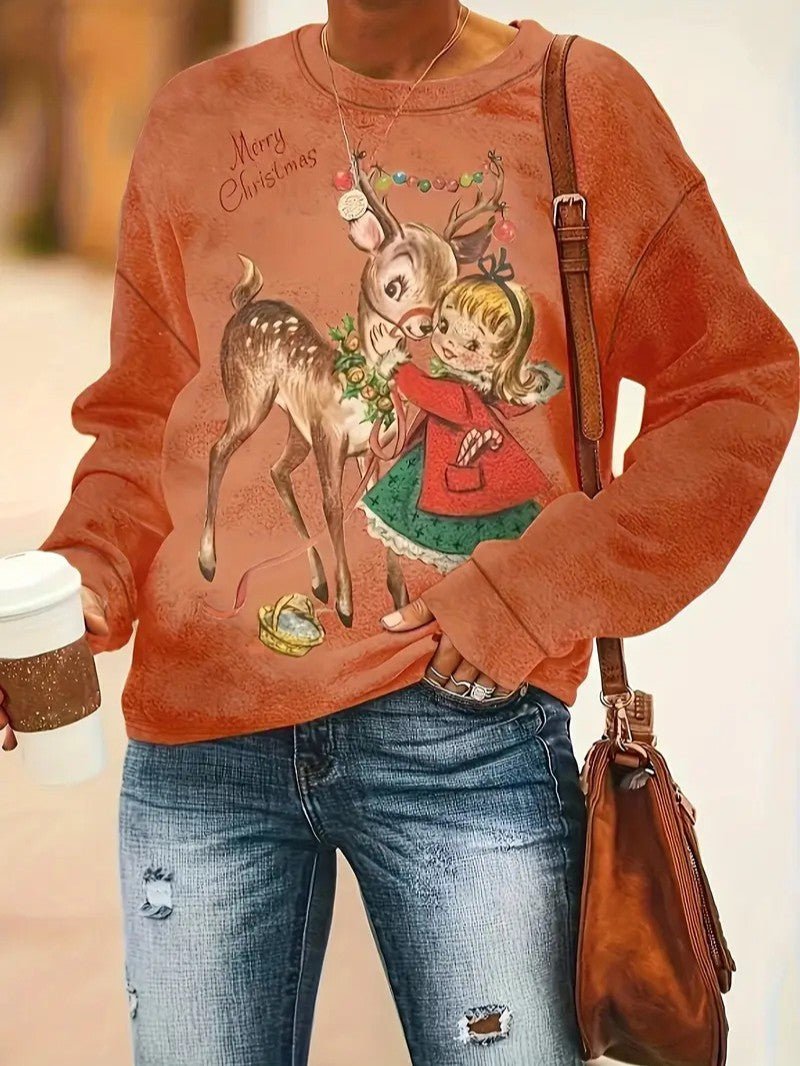Womens Sweatshirt Vintage Reindeer Print Relaxed Fit