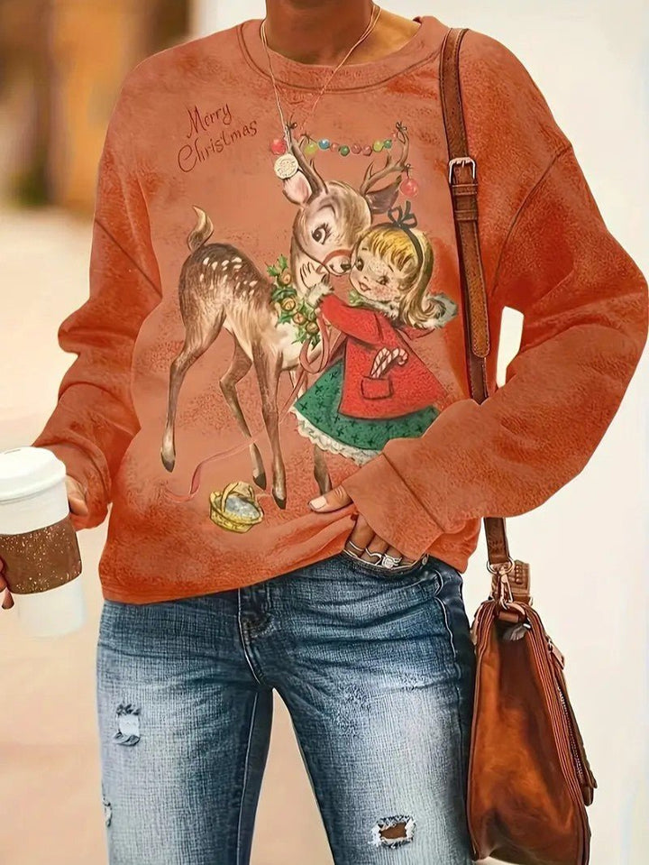 Womens Sweatshirt Vintage Reindeer Print Relaxed Fit