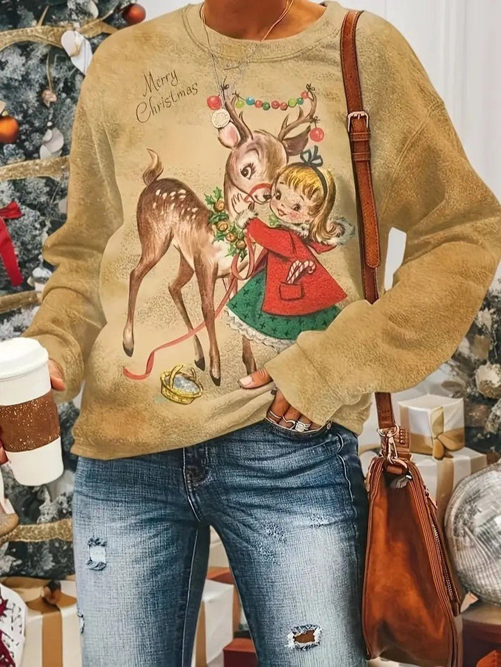 Womens Sweatshirt Vintage Reindeer Print Relaxed Fit