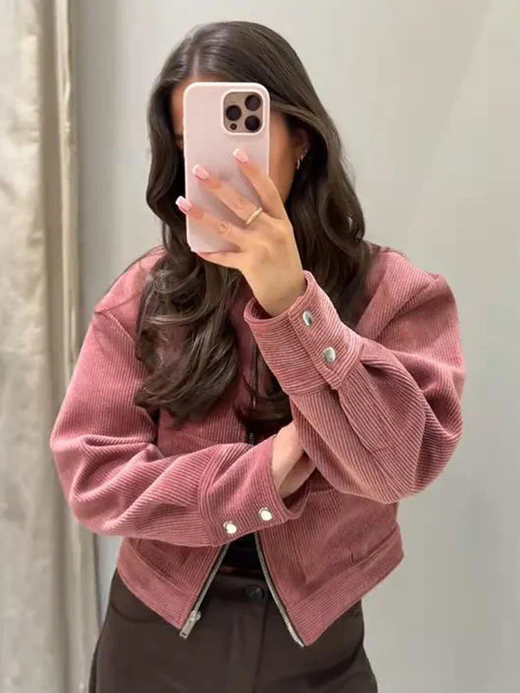 Womens Cropped Bomber Jacket Zip-Up Casual Fit - BritishMode