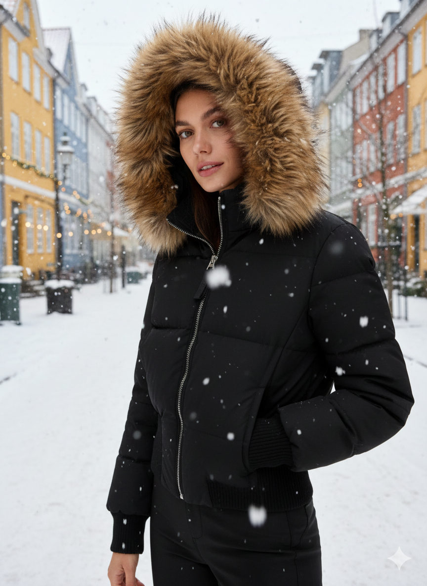 Womens Puffer Jacket with Faux Fur Hood Insulated Fit