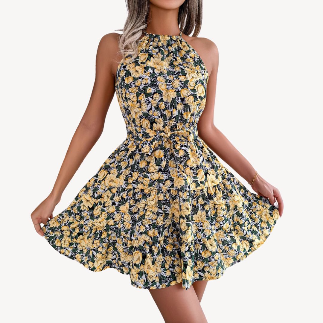 Womens Mini Dress with Halter Neck and Floral Print