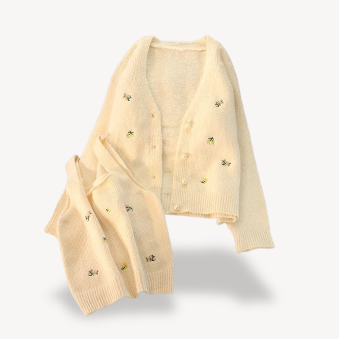 Womens Cardigan and Tank Top Set Embroidered Floral Design