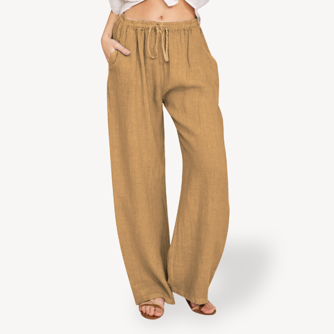 Womens Linen Wide-Leg Pants Drawstring Relaxed Fit