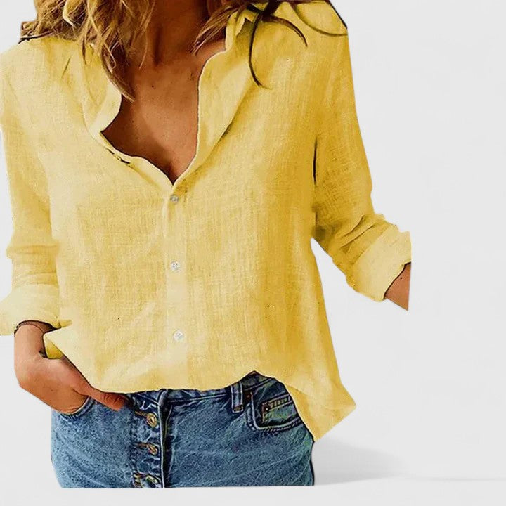 Womens Linen V-Neck Blouse with Buttons