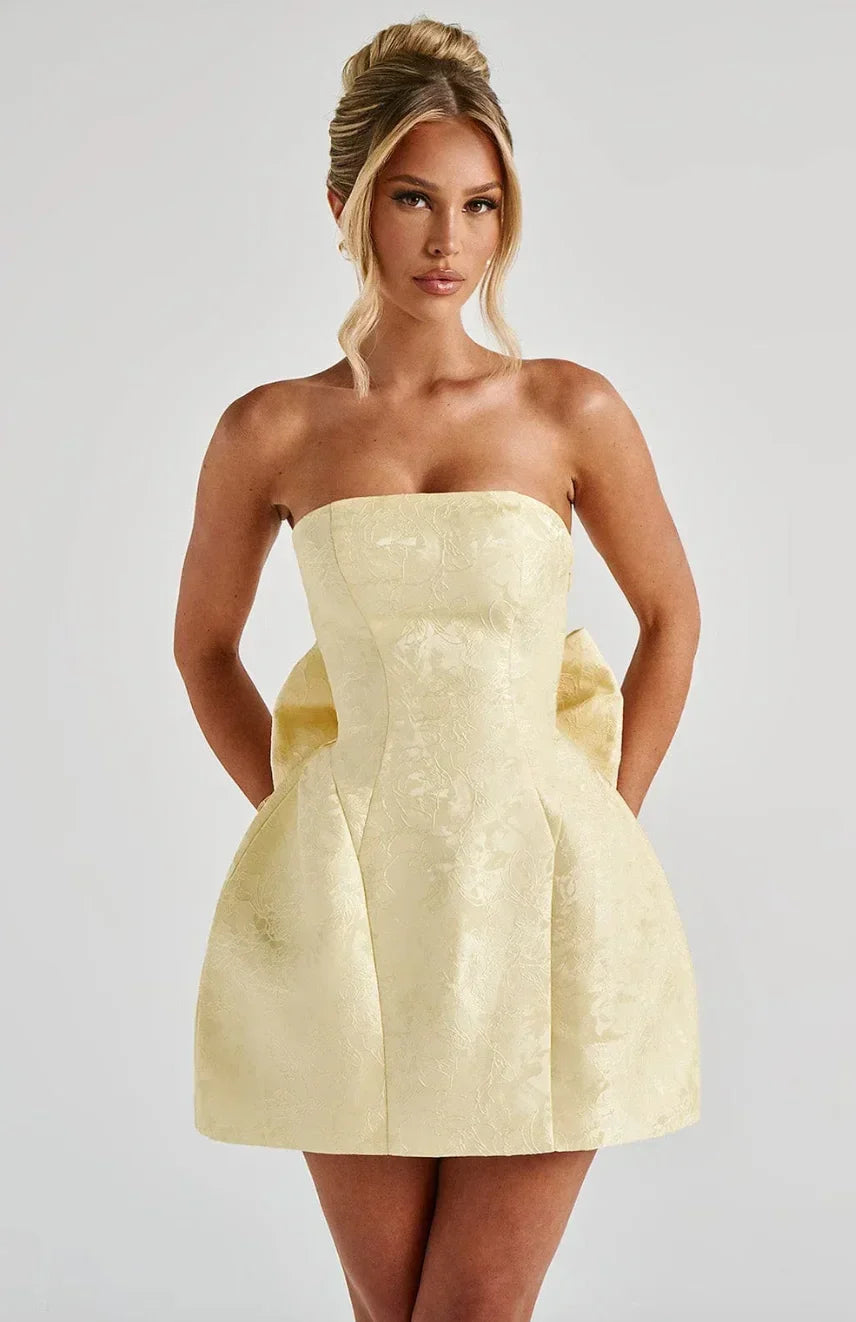 Womens Strapless Jacquard Mini Dress Evening Fit with Bow Back - BritishMode