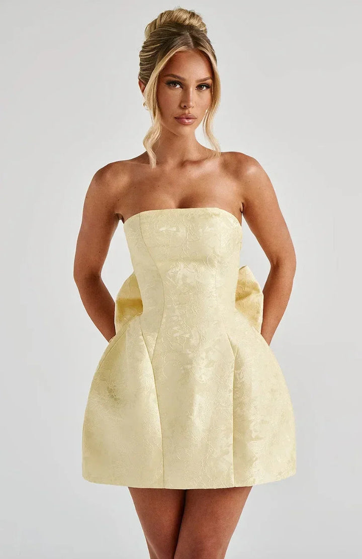 Womens Strapless Jacquard Mini Dress Evening Fit with Bow Back - BritishMode