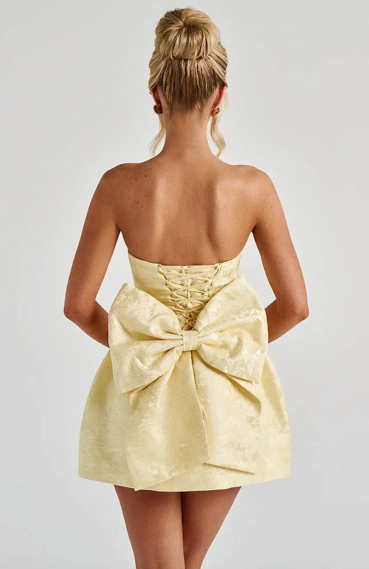 Womens Strapless Jacquard Mini Dress Evening Fit with Bow Back