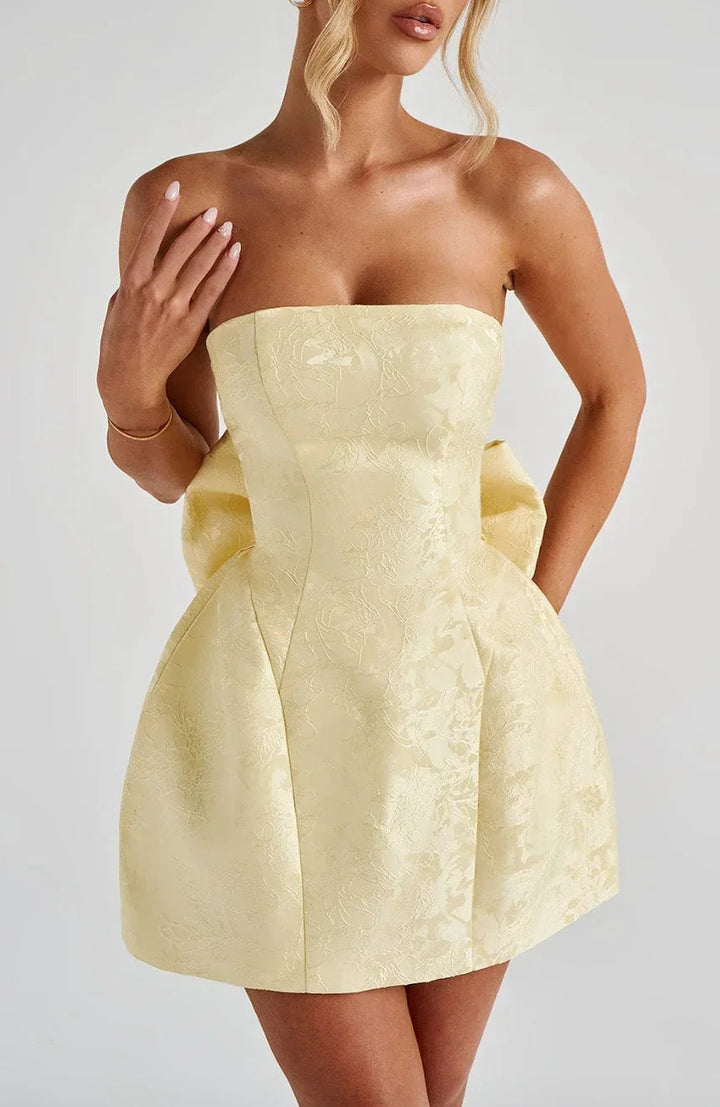Womens Strapless Jacquard Mini Dress Evening Fit with Bow Back