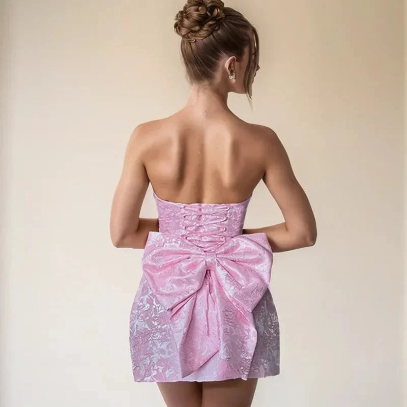 Womens Strapless Jacquard Mini Dress Evening Fit with Bow Back