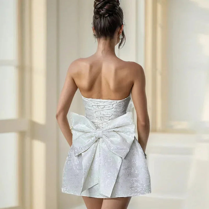 Womens Strapless Jacquard Mini Dress Evening Fit with Bow Back