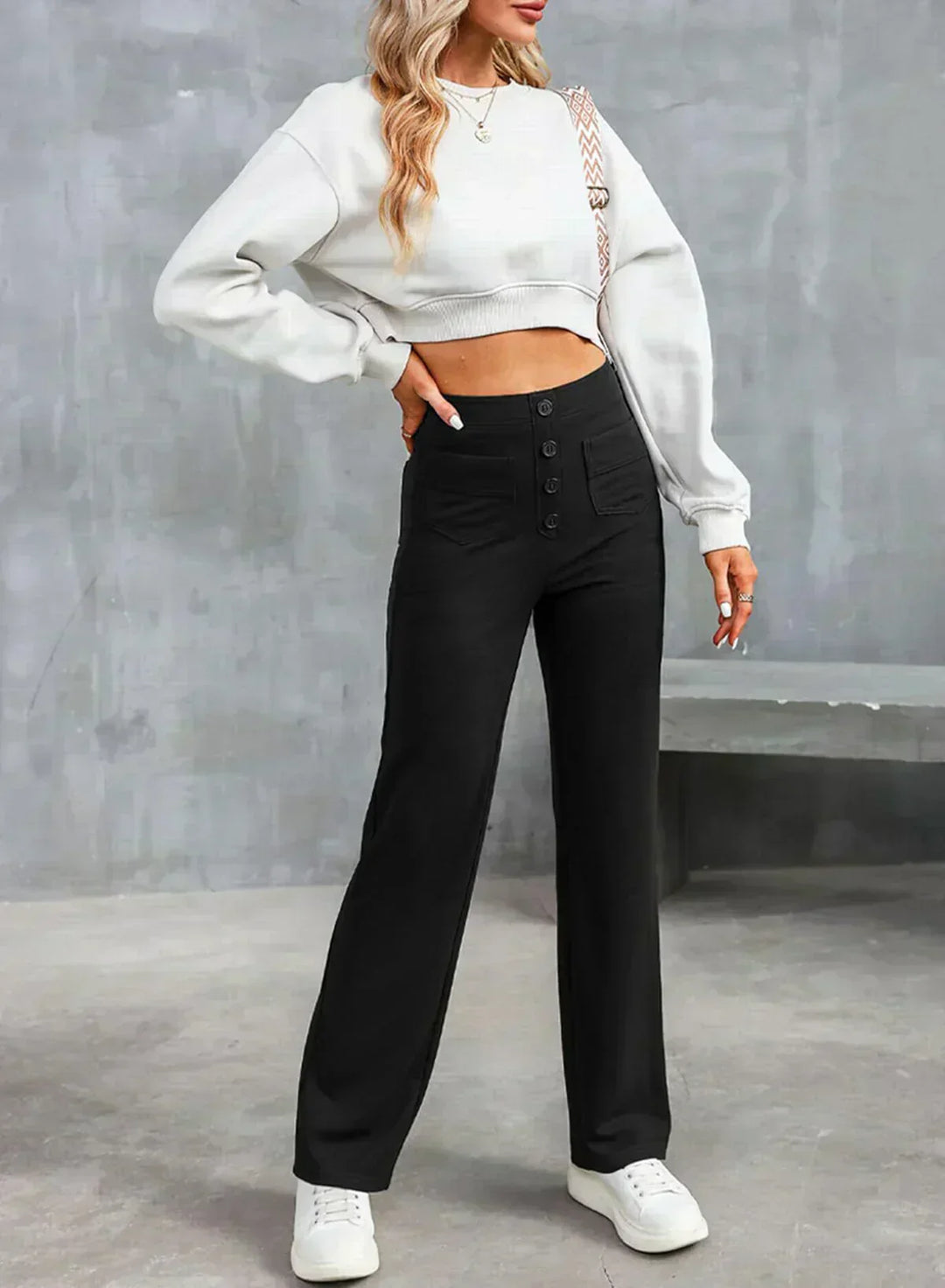 Womens High-Waisted Trousers with Button Placket Stretch